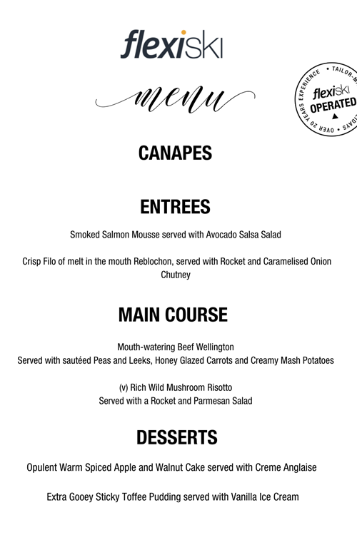 Sample flexiski chalet menu