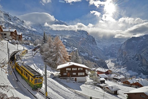 snow ski train in Wengen ski resort, short ski breaks in Switzerland